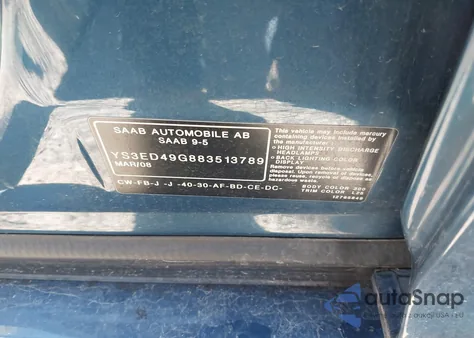 2008 Saab 9-5 2.3T z USA, uszkodzony, nr VIN YS3ED49G883513789